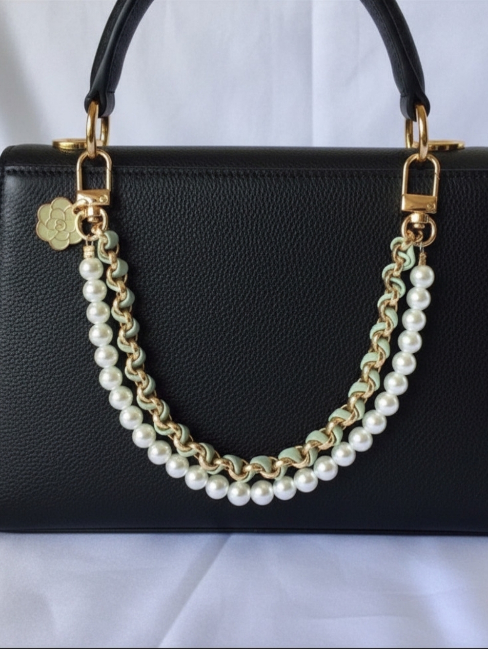 NEW Gold Pearl and Mint Chain Bag Charm / Wrist Strap- Women's